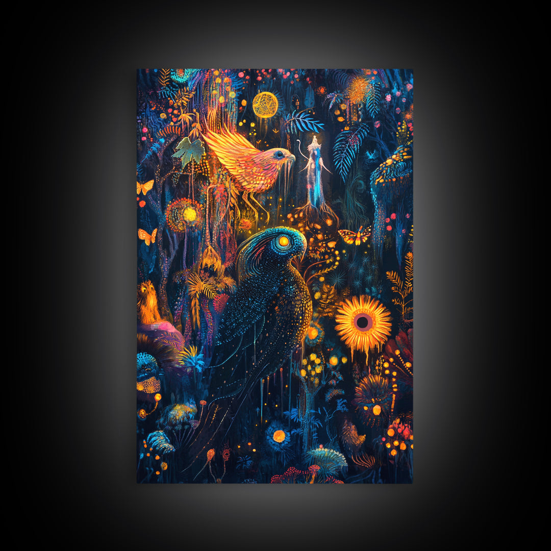 Luminous Birds In Enchanted Jungle Wall Art, Whimsical Fantasy Canvas, Celestial Moon Decor For Boho Maximalist Home Decor