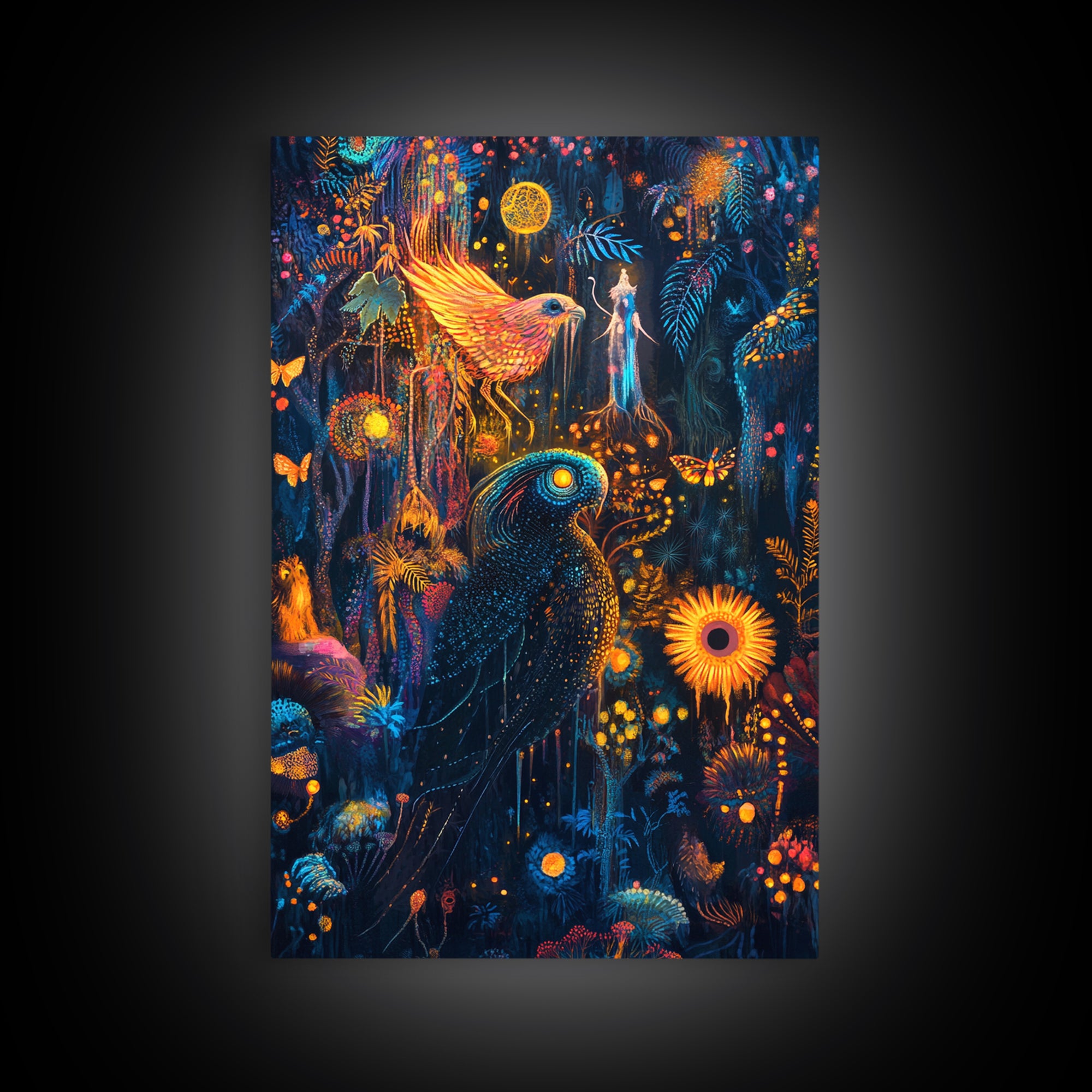 Luminous Birds In Enchanted Jungle Wall Art, Whimsical Fantasy Canvas, Celestial Moon Decor For Boho Maximalist Home Decor