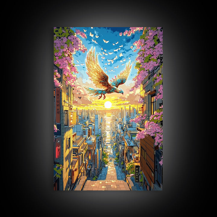 Golden Phoenix Over Sakura City Wall Art, Japanese Fantasy Art Print, Colorful Wall Art, Living Room Wall Decor, Housewarming Gift