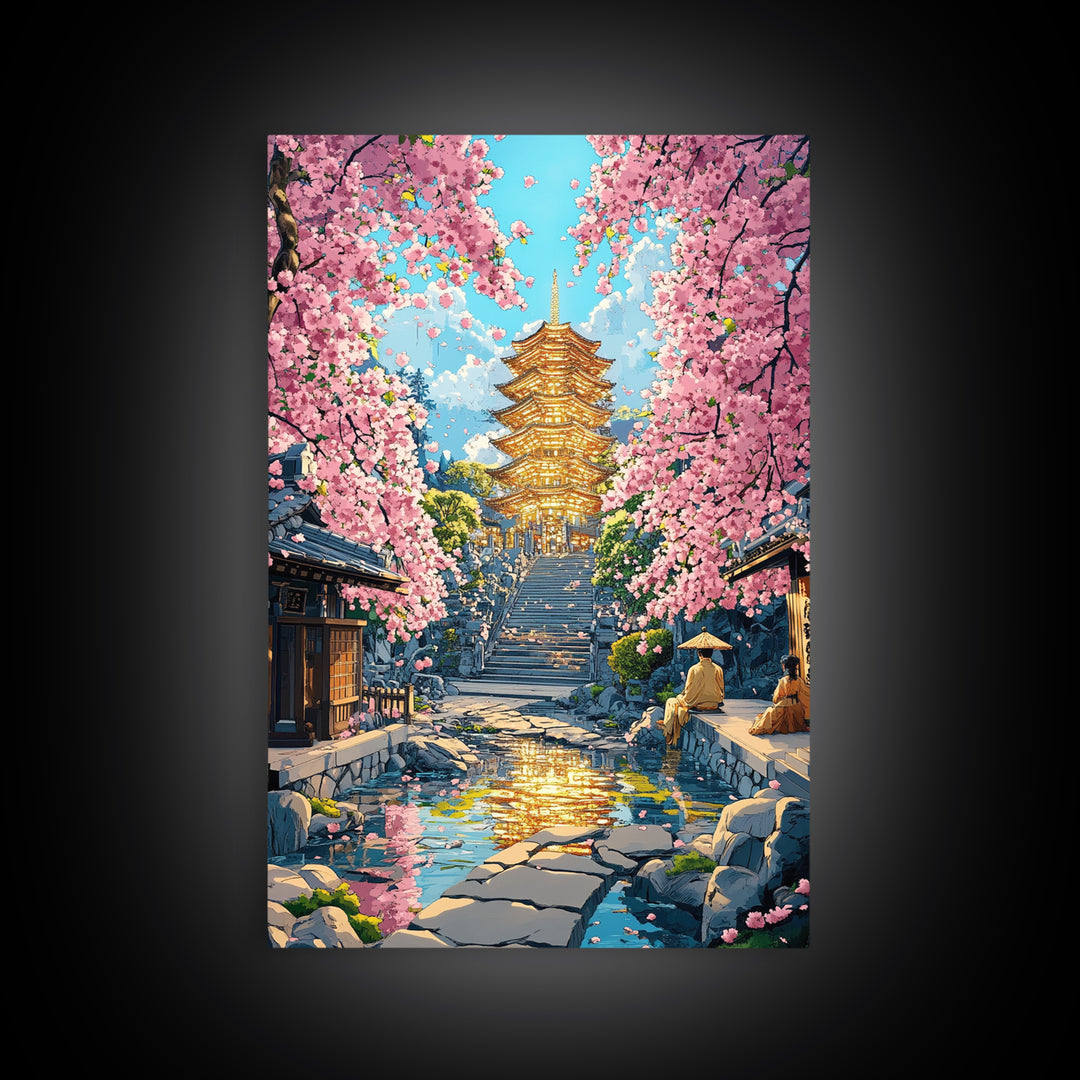 Golden Pagoda Cherry Blossom Framed Canvas Print, Japanese Wall Art, Serene Zen Decor, Living Room Wall Decor, Housewarming Gift For Her