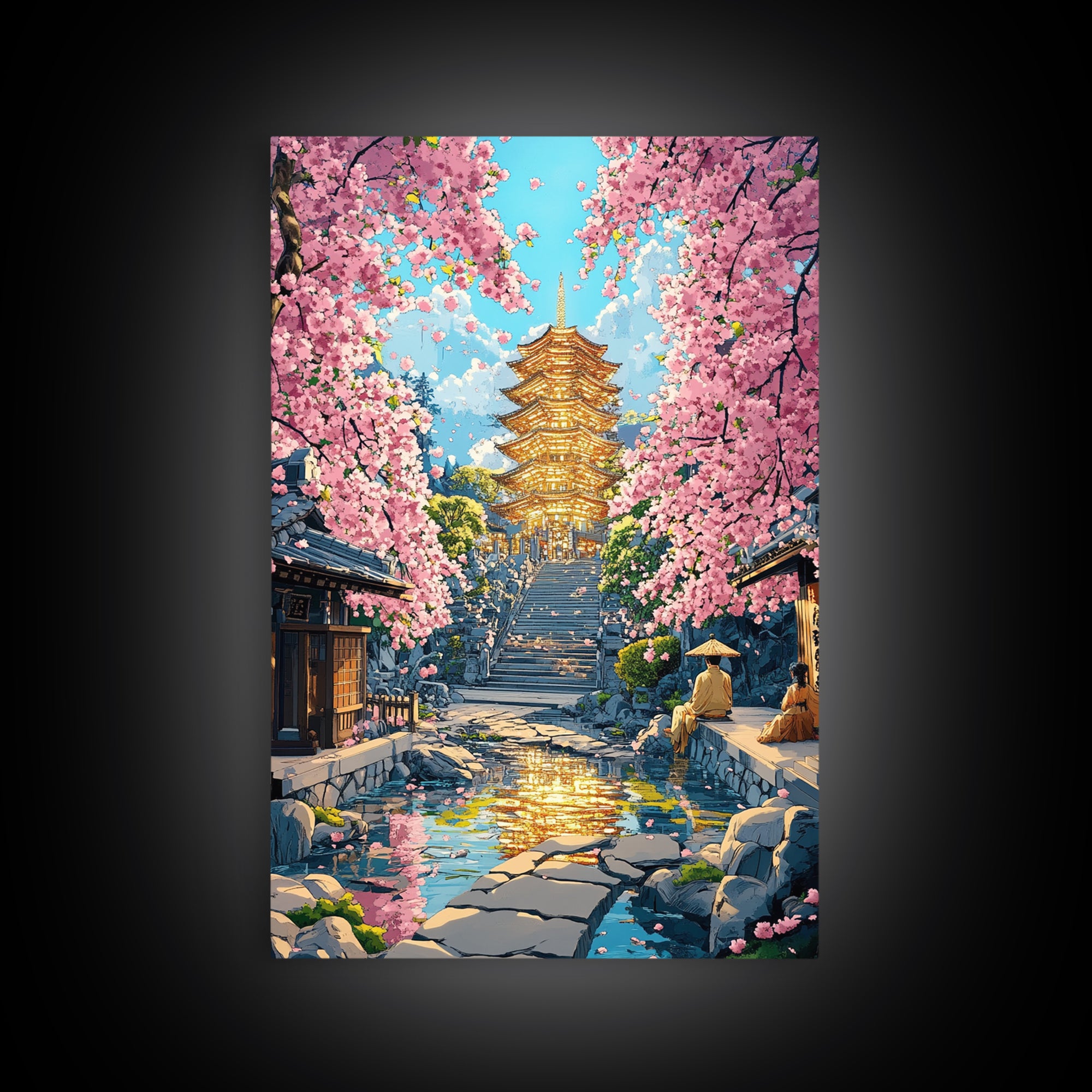 Golden Pagoda Cherry Blossom Framed Canvas Print, Japanese Wall Art, Serene Zen Decor, Living Room Wall Decor, Housewarming Gift For Her