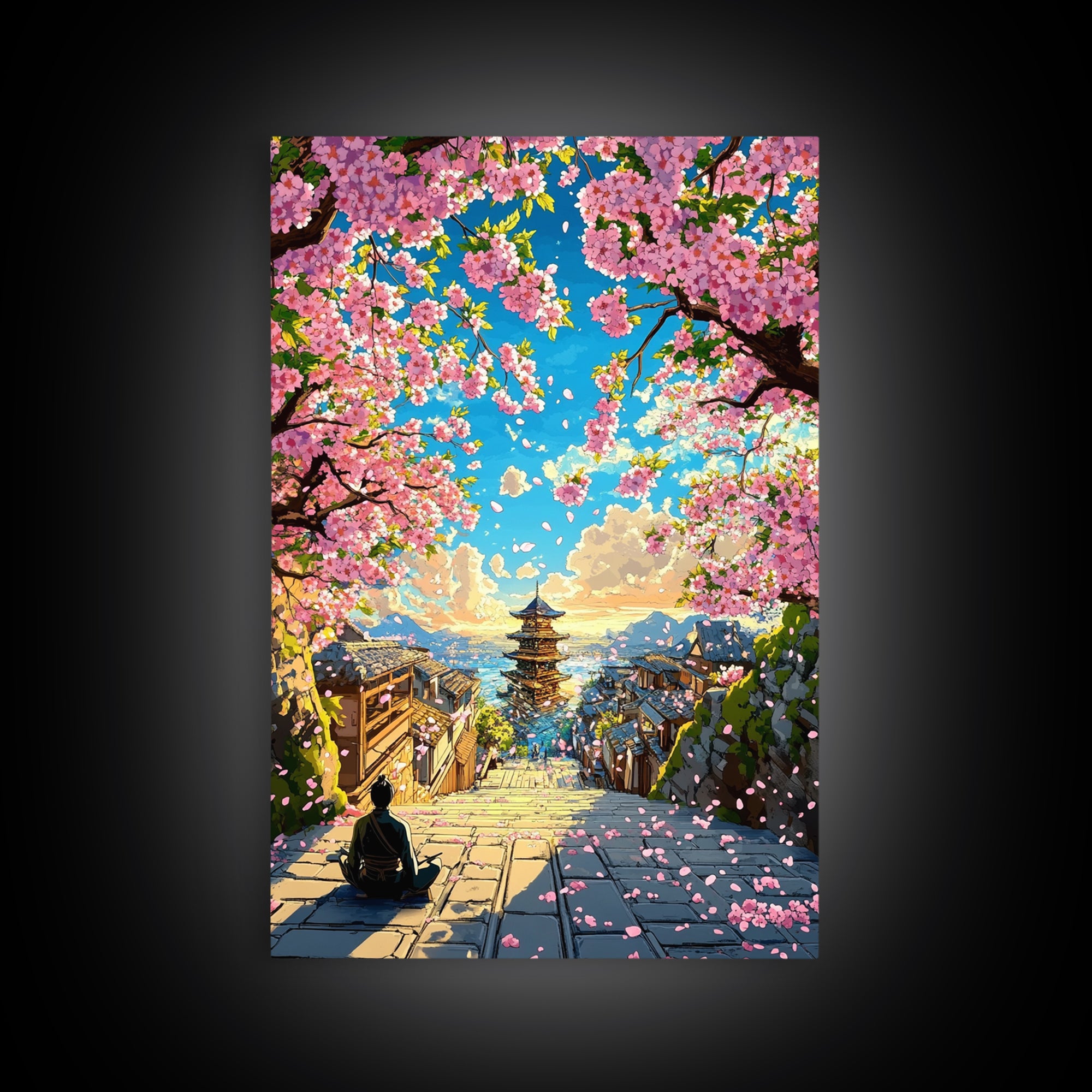 Cherry Blossom Steps To Ocean Pagoda Wall Art, Japanese Landscape Print, Coastal Home Decor, Tranquil Living Room Art, Gift For Her