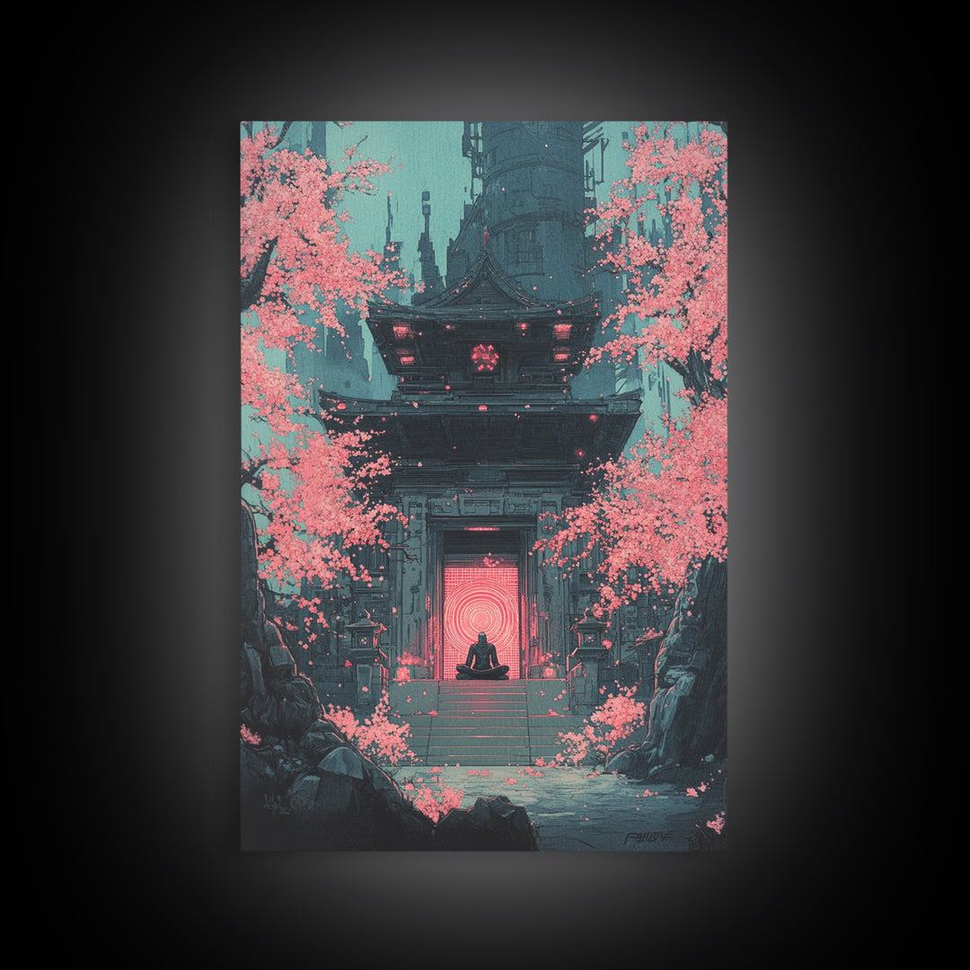 Neon Portal Temple With Pink Sakura Canvas Print, Cyberpunk Wall Art, Japanese Sci Fi Decor, Moody Office Wall Decor For Him