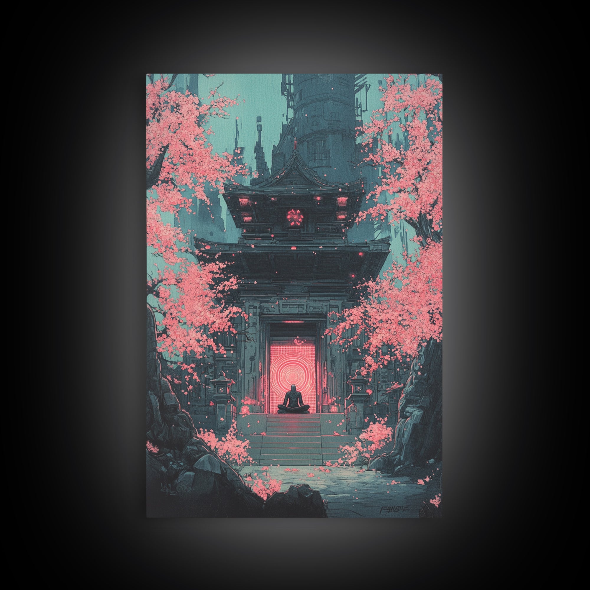 Neon Portal Temple With Pink Sakura Canvas Print, Cyberpunk Wall Art, Japanese Sci Fi Decor, Moody Office Wall Decor For Him