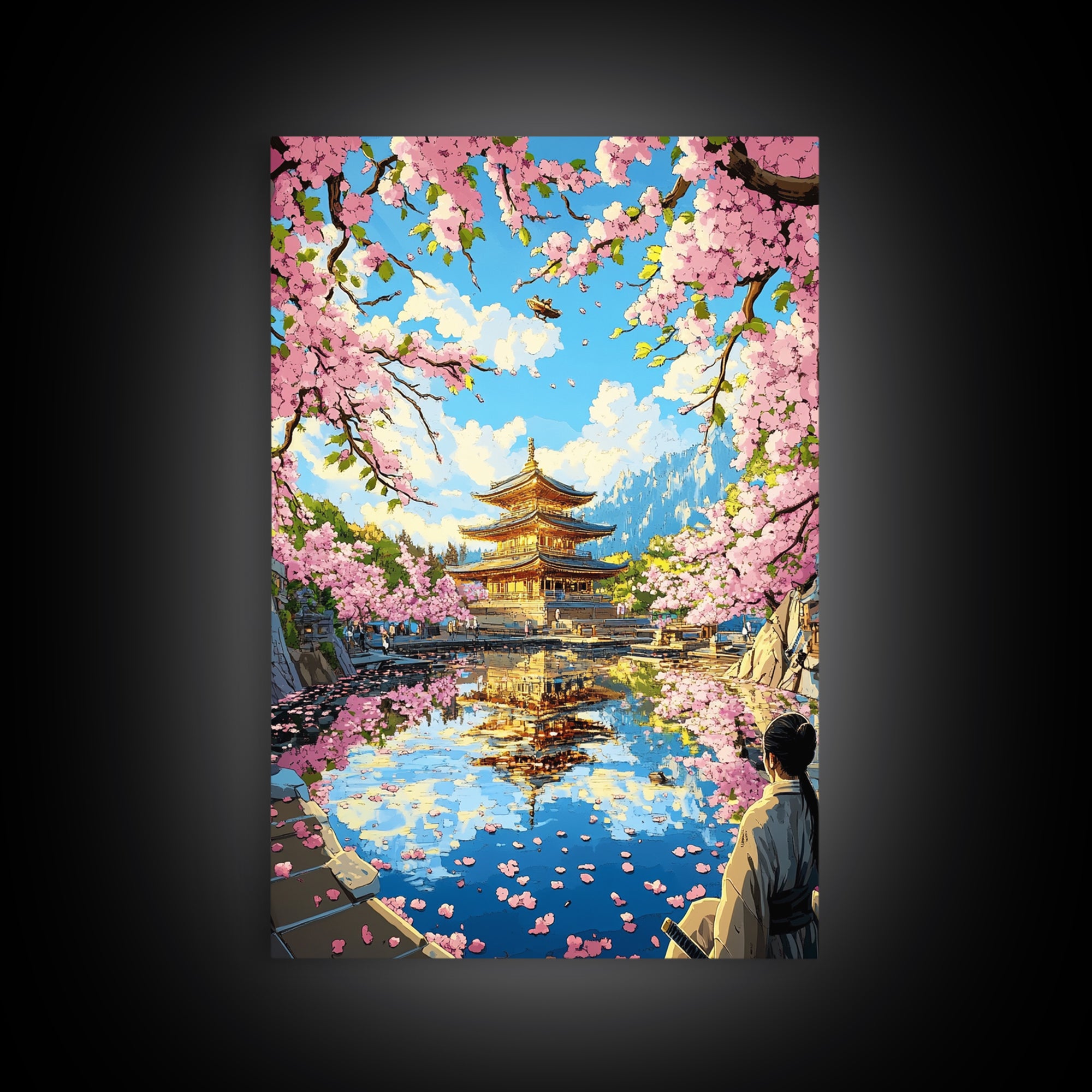 Golden Pagoda Reflected In Sakura Lake Framed Canvas Print, Japanese Wall Art, Mountain Landscape, Serene Zen Decor, Living Room Art