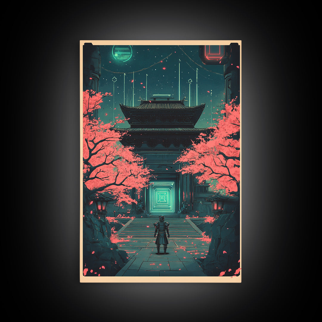 Neon Samurai At Sakura Temple Canvas Print, Cyberpunk Japanese Wall Art, Sci Fi Decor, Gaming Room Wall Decor Gift For Him