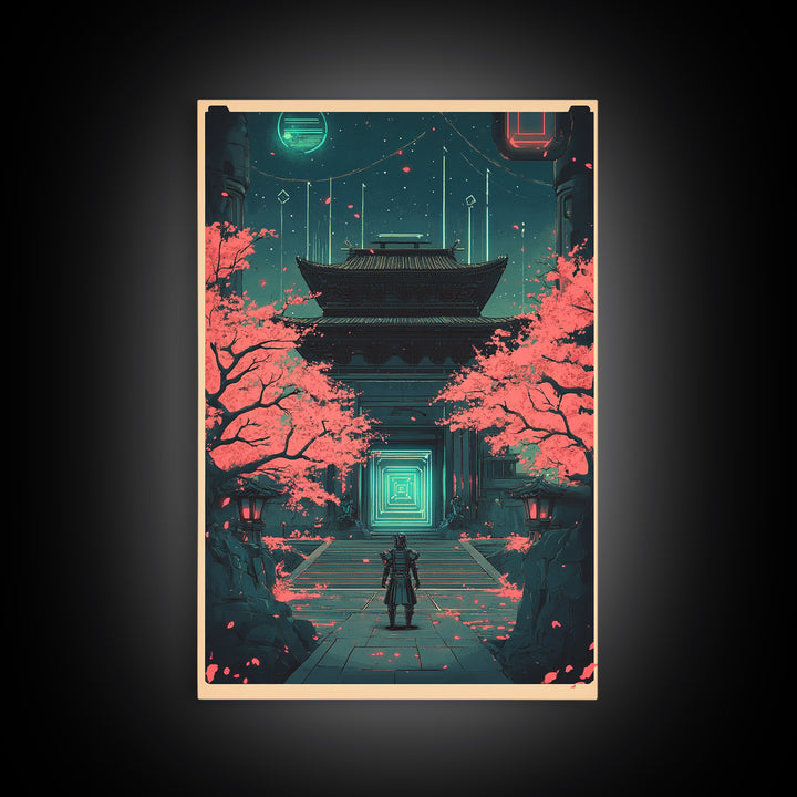 Neon Samurai At Sakura Temple Canvas Print, Cyberpunk Japanese Wall Art, Sci Fi Decor, Gaming Room Wall Decor Gift For Him