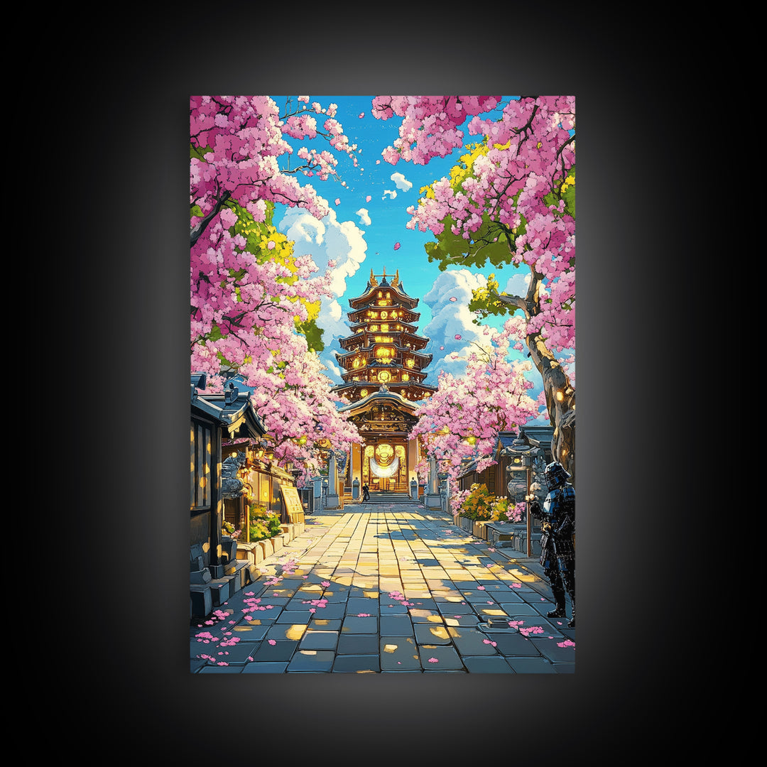 Illuminated Pagoda Under Pink Sakura Wall Art, Japanese Temple Print, Vibrant Spring Decor, Living Room Wall Decor, Gift For Her