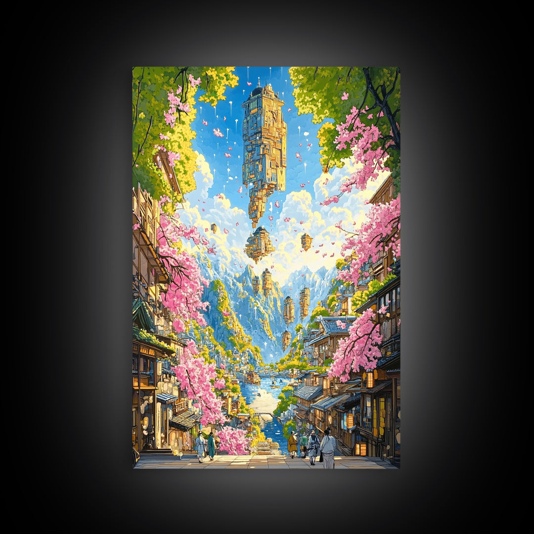 Floating Sky Tower Over Sakura Village Wall Art, Japanese Fantasy Landscape, Surreal Art Print, Statement Living Room Decor