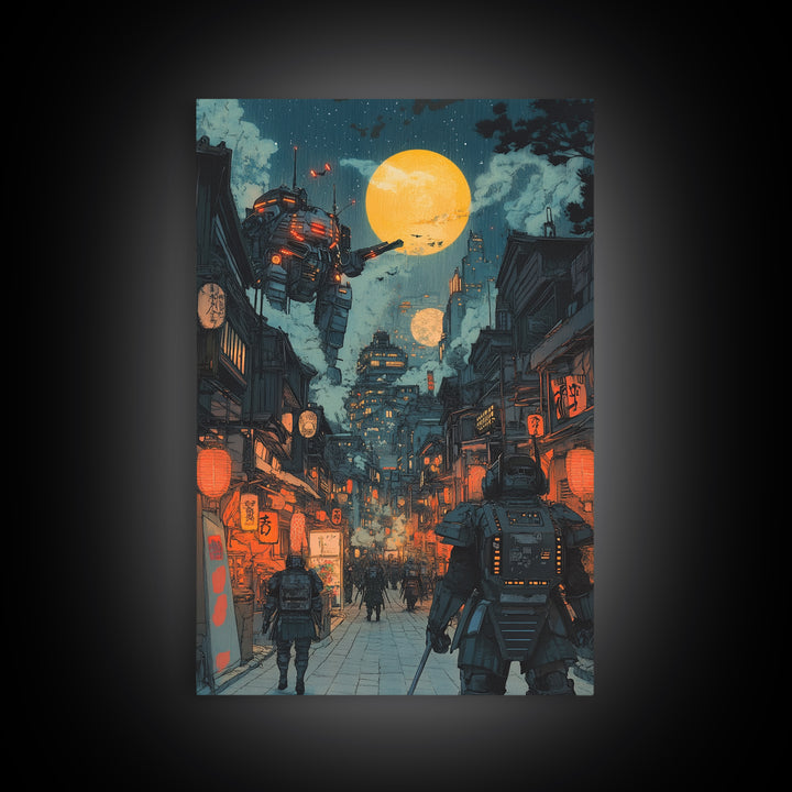 Mech Patrol In Neon Japanese Alley Canvas Print, Cyberpunk Wall Art, Sci Fi Cityscape Decor, Gaming Room Wall Decor For Him