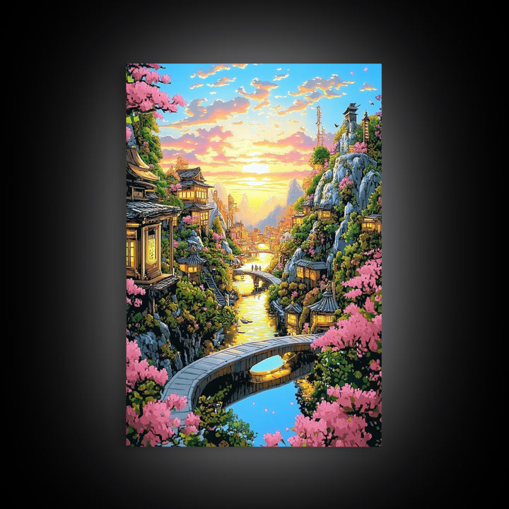 Sunset Canal Village With Sakura Framed Canvas Print, Japanese Landscape Wall Art, Romantic Coastal Home Decor, Gift For Her