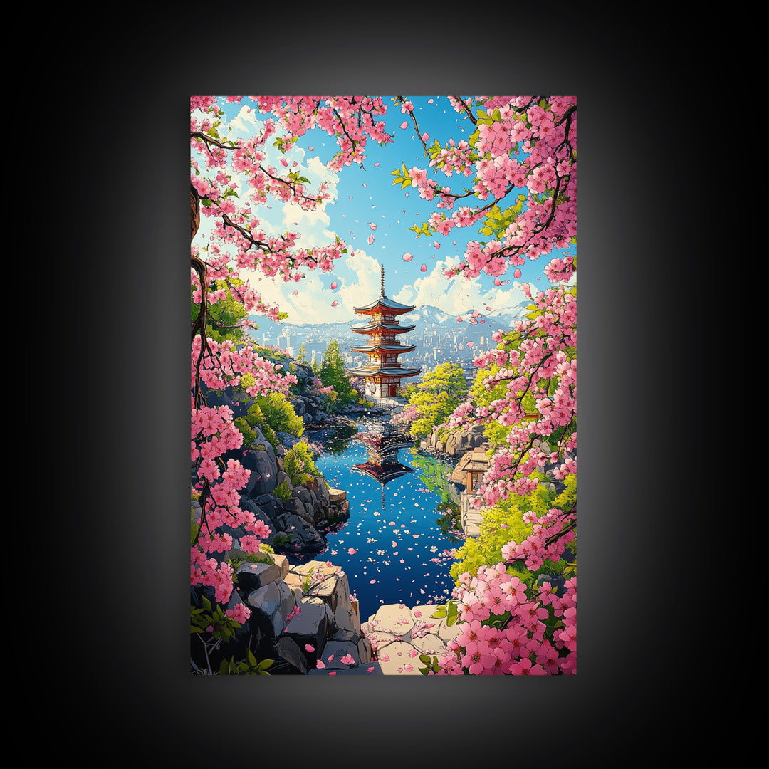 Spring Pagoda With Pink Cherry Blossoms Canvas Print, Japanese Landscape Wall Art, Bright Zen Living Room Decor Gift For Her