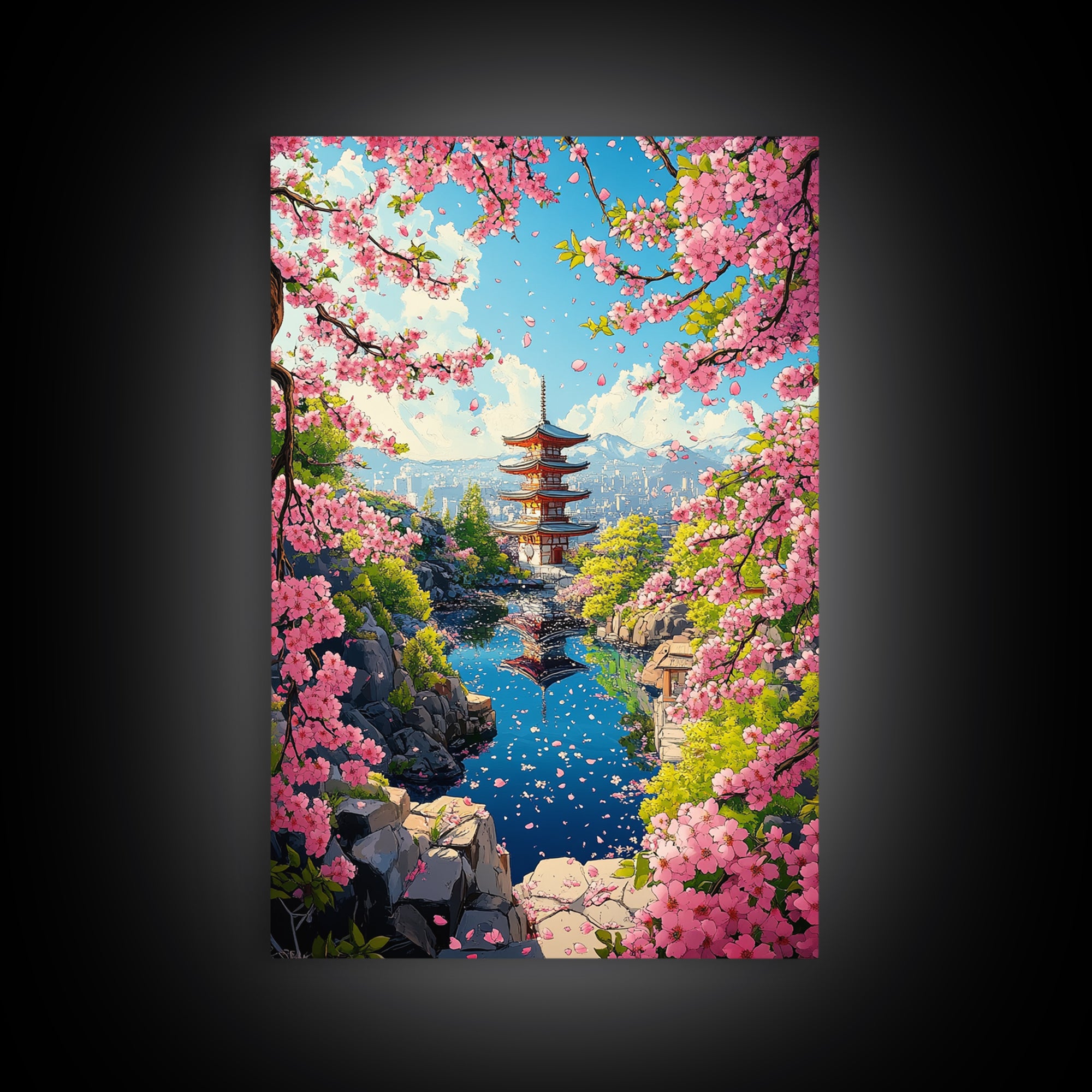 Spring Pagoda With Pink Cherry Blossoms Canvas Print, Japanese Landscape Wall Art, Bright Zen Living Room Decor Gift For Her