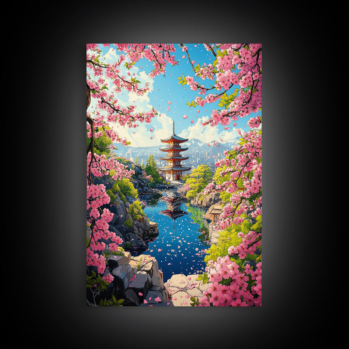 Spring Pagoda With Pink Cherry Blossoms Canvas Print, Japanese Landscape Wall Art, Bright Zen Living Room Decor Gift For Her