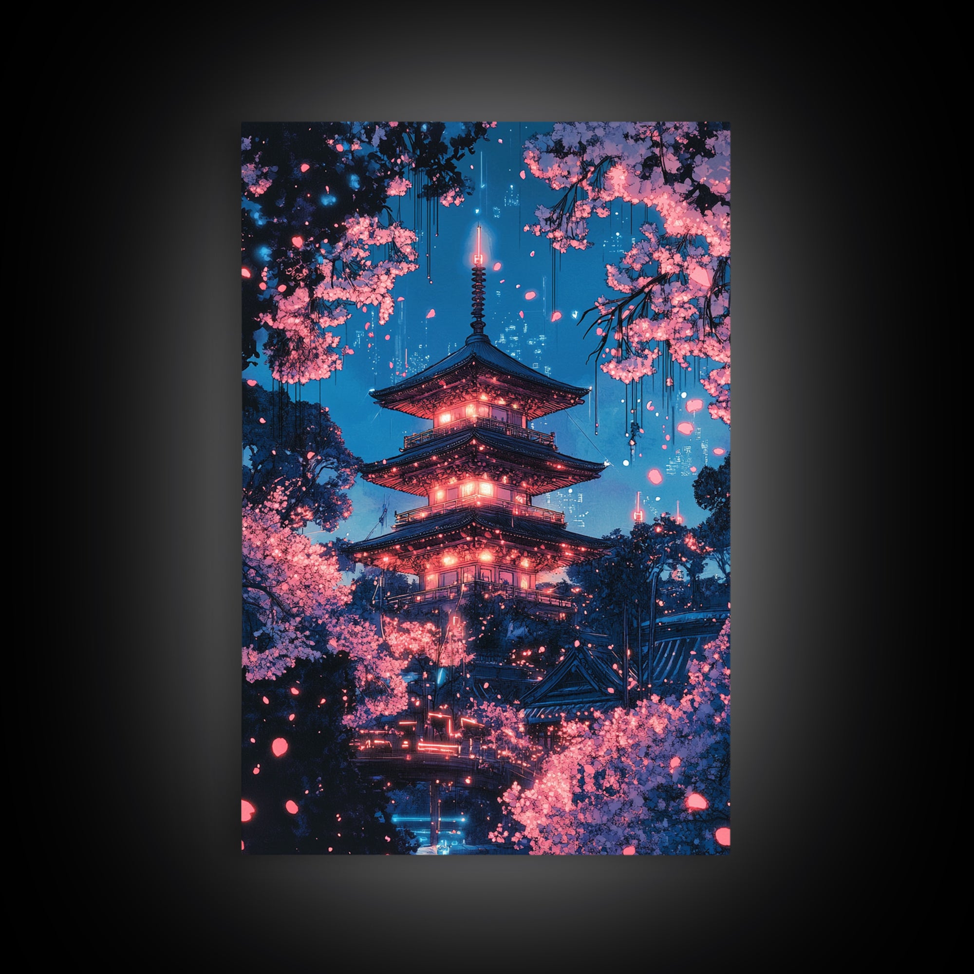 Neon Night Pagoda In Cherry Blossom Rain Framed Canvas Print, Japanese Wall Art, Cyberpunk Cherry Blossom Decor For Modern Living Room