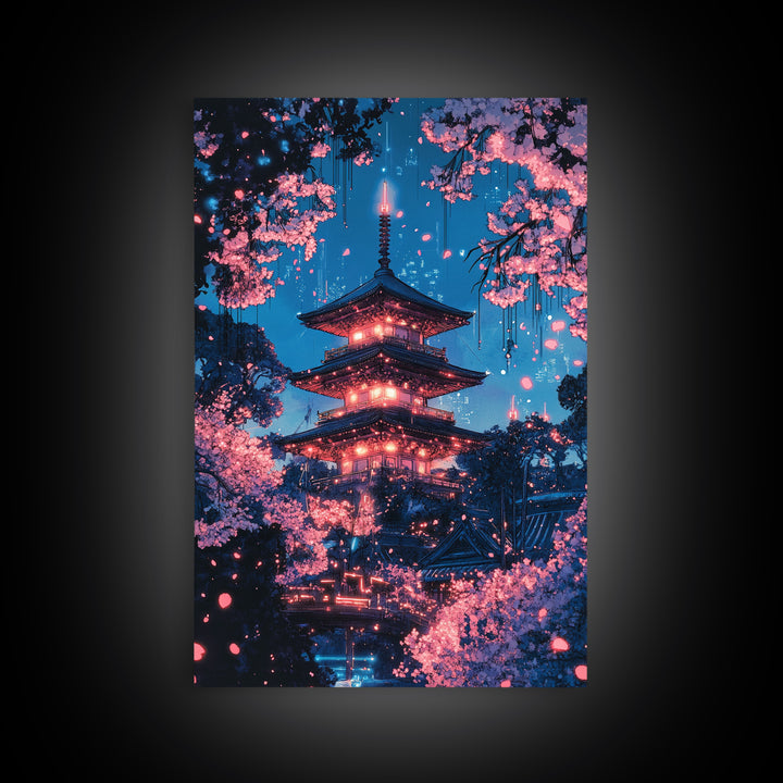 Neon Night Pagoda In Cherry Blossom Rain Framed Canvas Print, Japanese Wall Art, Cyberpunk Cherry Blossom Decor For Modern Living Room