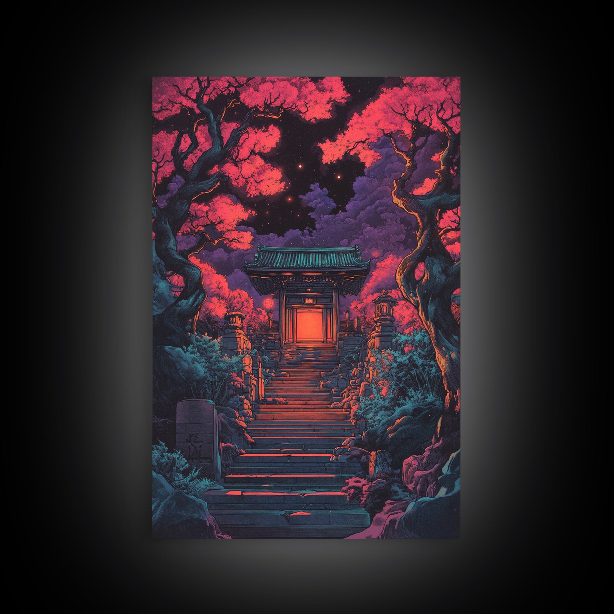 Moonlit Red Maple Shrine Stairway Wall Art, Dark Japanese Garden Print, Moody Gothic Decor For Bedroom And Living Room Gift