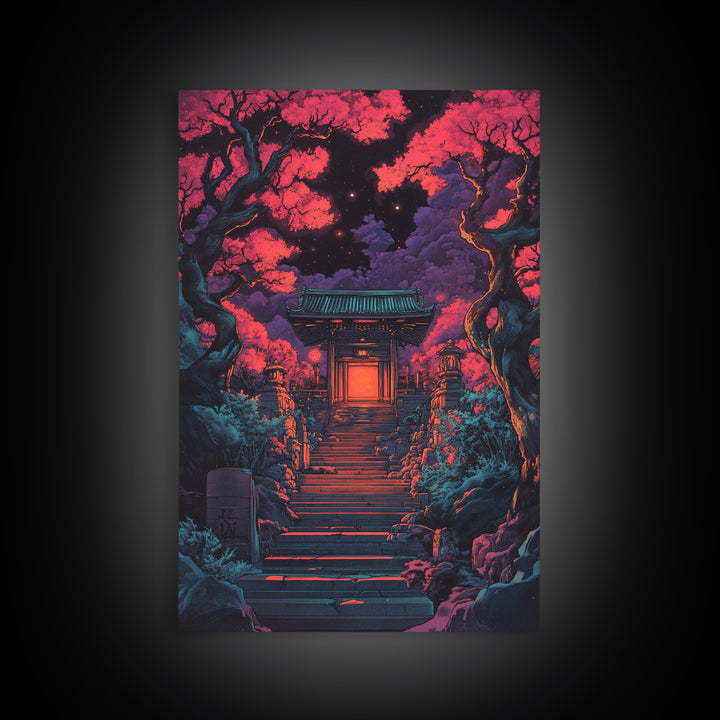 Moonlit Red Maple Shrine Stairway Wall Art, Dark Japanese Garden Print, Moody Gothic Decor For Bedroom And Living Room Gift