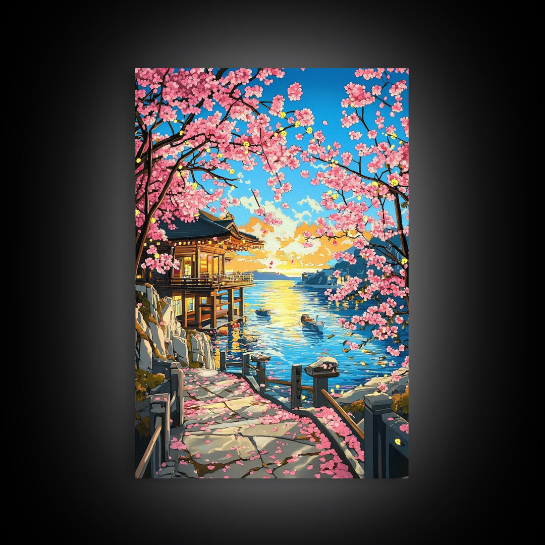 Sunset Seaside Temple With Cherry Blossoms Framed Canvas Print, Japanese Coastal Wall Art, Bright Zen Home Decor Gift For Her