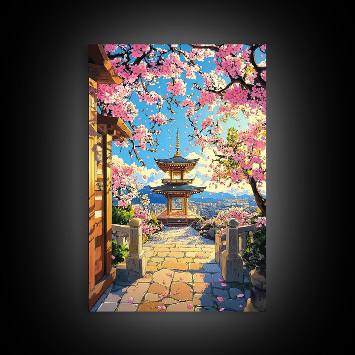 Hilltop Pagoda Under Pink Cherry Blossoms Canvas Print, Japanese Cityscape Wall Art, Bright Spring Decor For Living Room