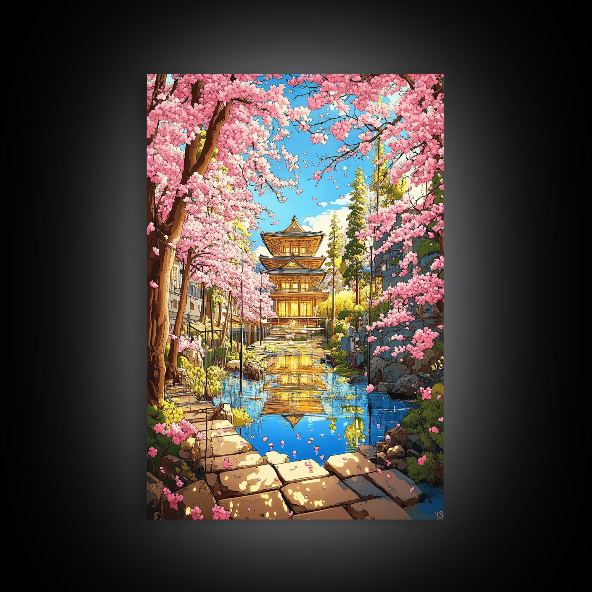 Golden Temple Reflected In Cherry Blossom Canal Wall Art, Japanese Garden Canvas Print, Colorful Spring Living Room Decor