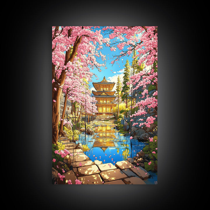 Golden Temple Reflected In Cherry Blossom Canal Wall Art, Japanese Garden Canvas Print, Colorful Spring Living Room Decor