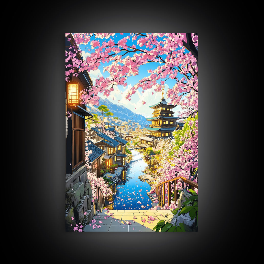 Cherry Blossom Hillside Town With Pagoda Framed Canvas Print, Japanese Cityscape Wall Art, Coastal Spring Home Decor Gift For Her