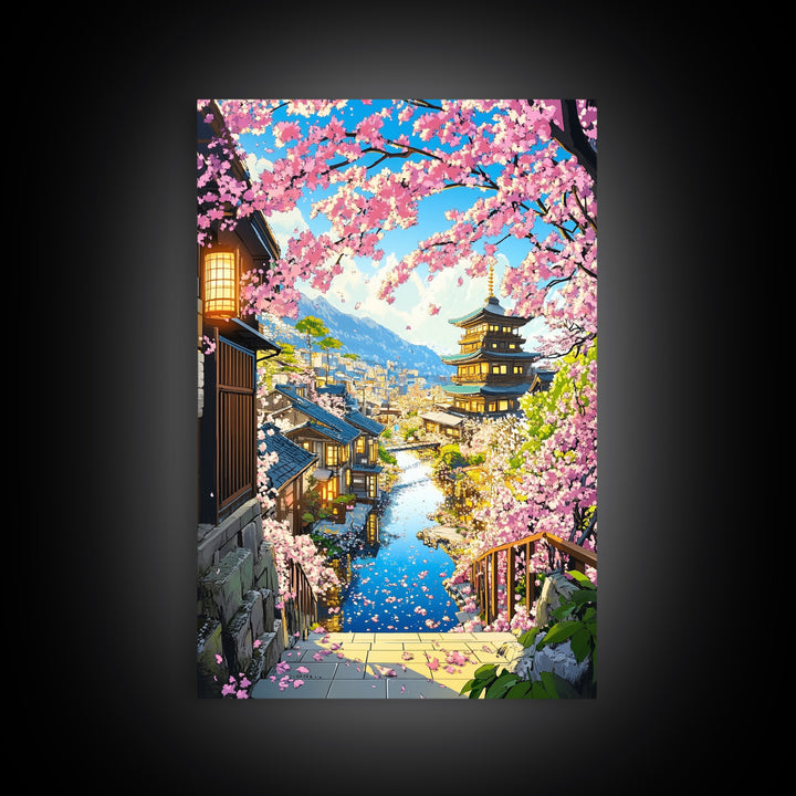 Cherry Blossom Hillside Town With Pagoda Framed Canvas Print, Japanese Cityscape Wall Art, Coastal Spring Home Decor Gift For Her