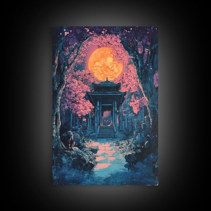 Full Moon Shrine In Pink Cherry Blossom Grove Wall Art, Mystical Japanese Landscape Print, Moody Celestial Bedroom Decor