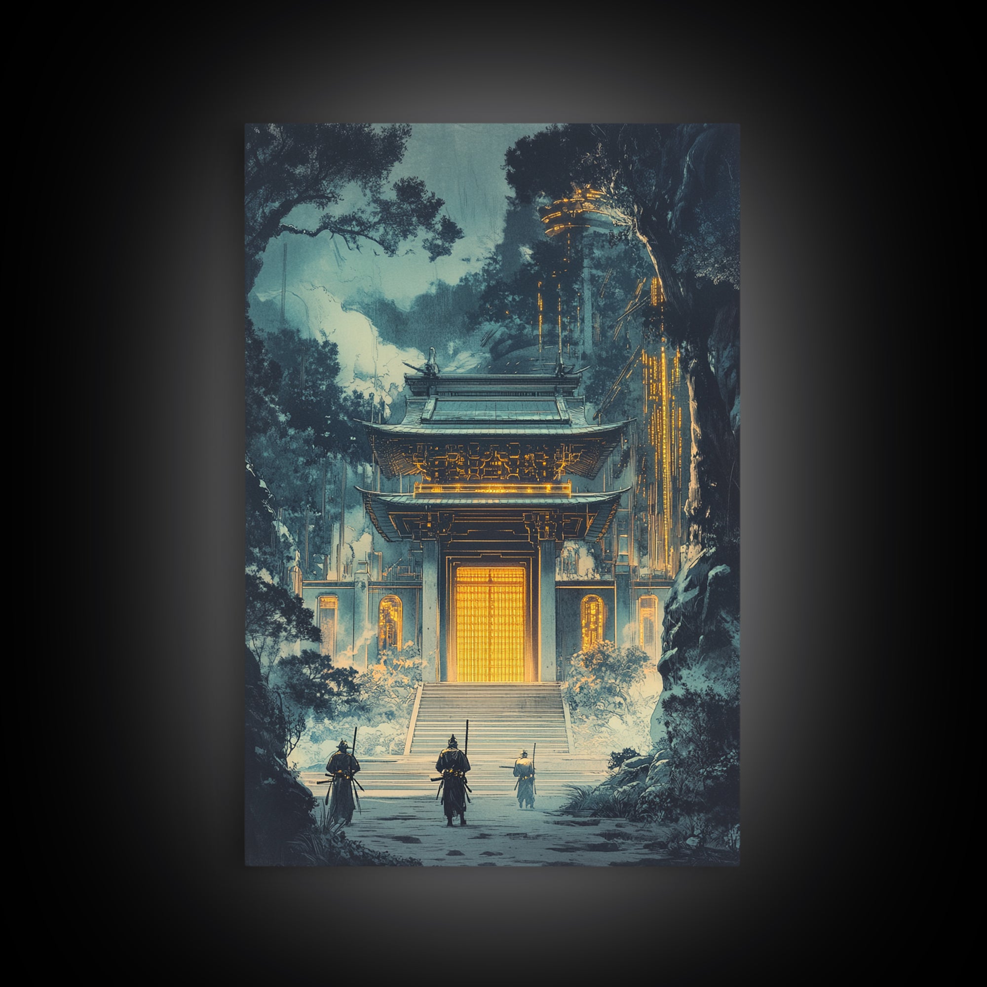 Moody Temple Gate Wall Art, Japanese Dark Academia Decor, Fantasy Landscape Print, Dramatic Office Wall Decor, Framed Art Print