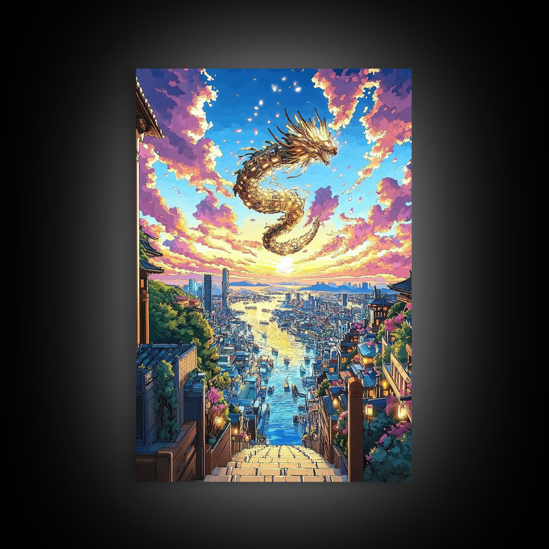 Golden Dragon City Sunset Canvas Print, Japanese Fantasy Wall Art, Vibrant Urban Landscape, Gamer Room Decor, Unique Gift
