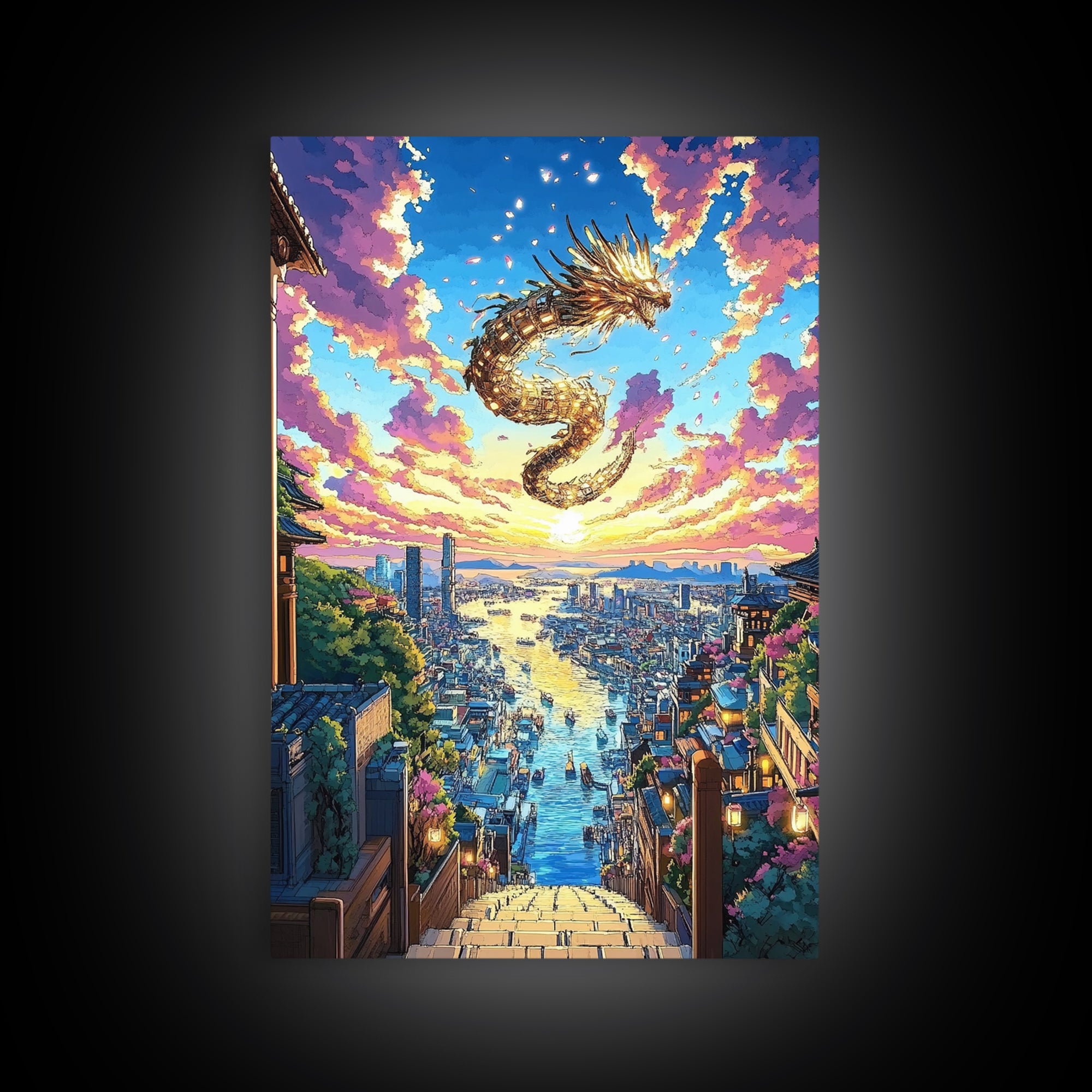 Golden Dragon City Sunset Canvas Print, Japanese Fantasy Wall Art, Vibrant Urban Landscape, Gamer Room Decor, Unique Gift