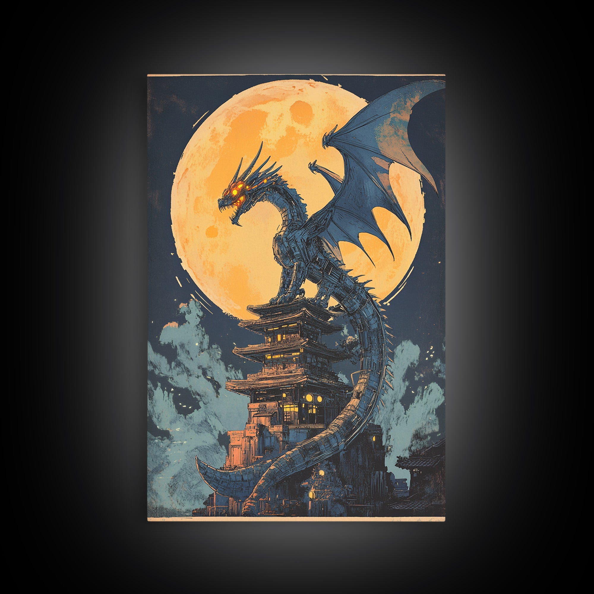Full Moon Dragon Pagoda Wall Art, Dark Fantasy Print, Gothic Japanese Decor, Moody Canvas Wall Art Gift For Him, Office Decor