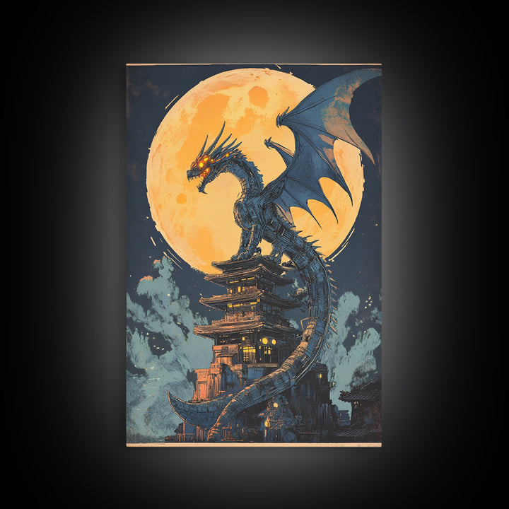 Full Moon Dragon Pagoda Wall Art, Dark Fantasy Print, Gothic Japanese Decor, Moody Canvas Wall Art Gift For Him, Office Decor
