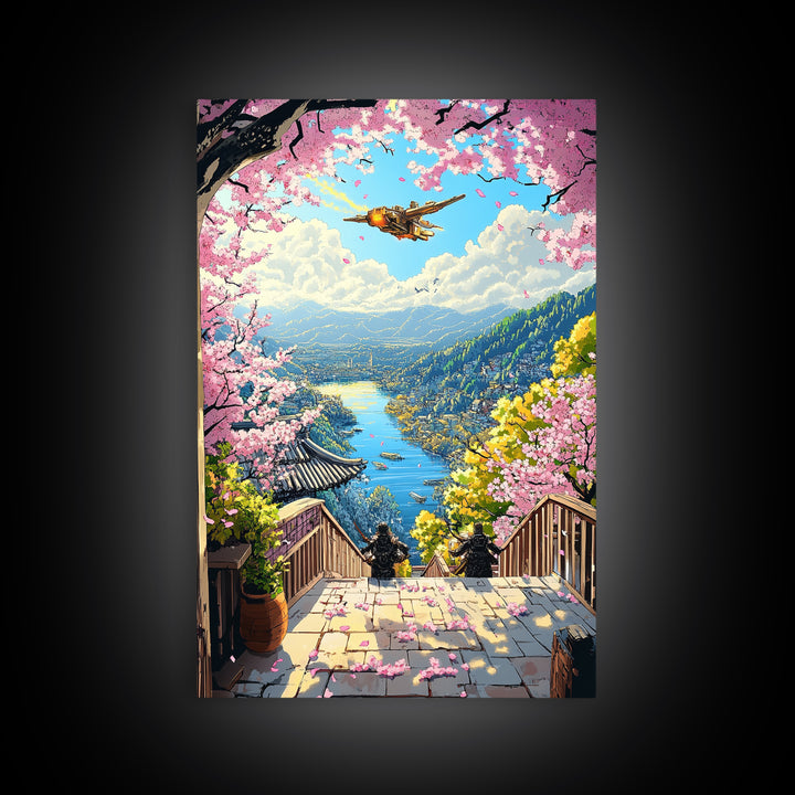 Airship Over Sakura Lake Wall Art, Fantasy Landscape Print, Japanese Mountain Decor, Whimsical Home Decor Gift For Her