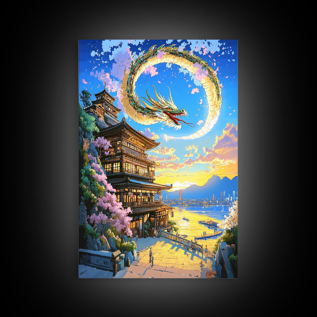 Crescent Dragon Seaside Temple Framed Canvas Print, Japanese Wall Art, Fantasy Coastal Decor, Statement Home Decor Gift