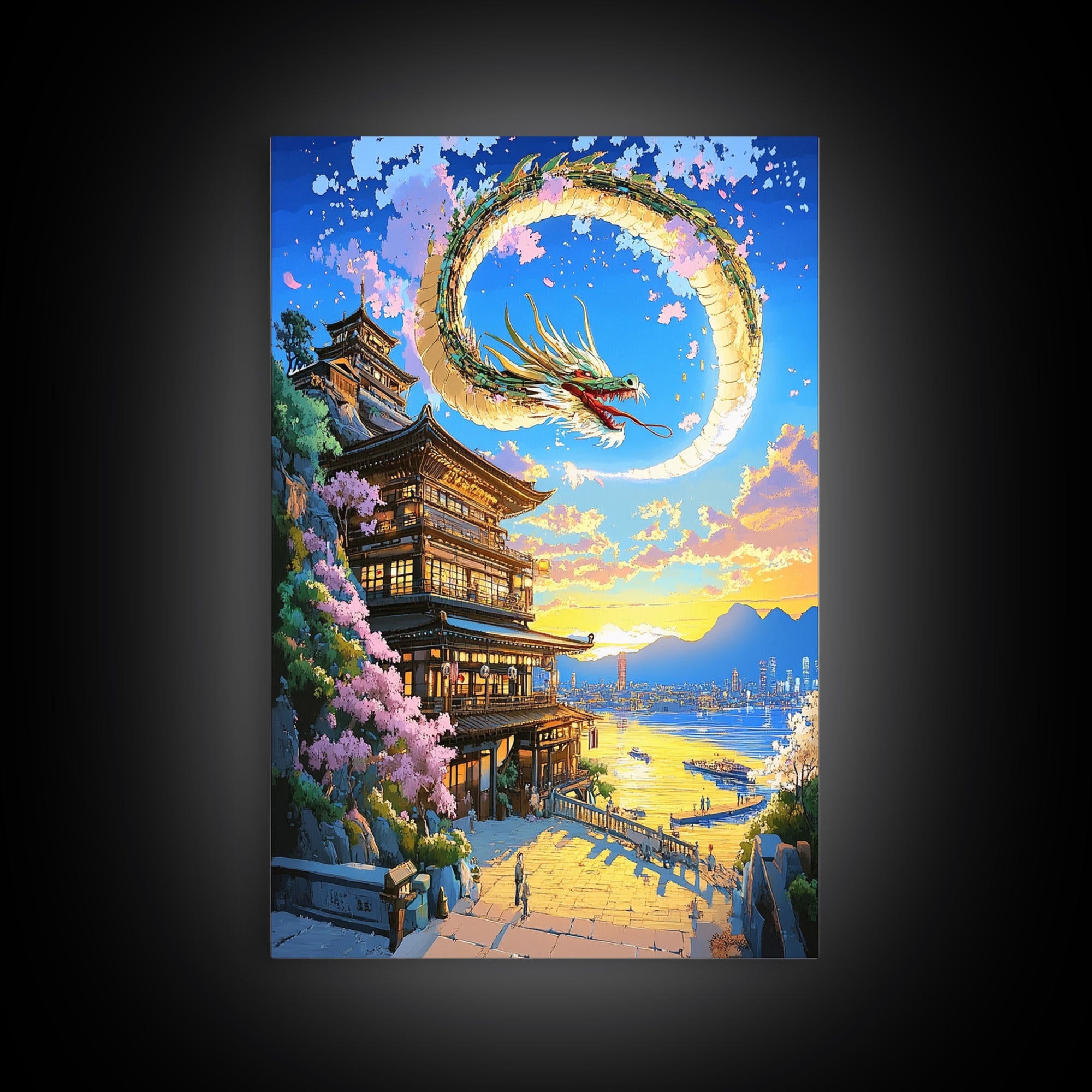 Crescent Dragon Seaside Temple Framed Canvas Print, Japanese Wall Art, Fantasy Coastal Decor, Statement Home Decor Gift