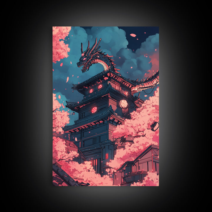 Cherry Blossom Dragon Tower Wall Art, Japanese Fantasy Canvas Print, Anime Pagoda Decor, Sakura Night Living Room Art Home Decor