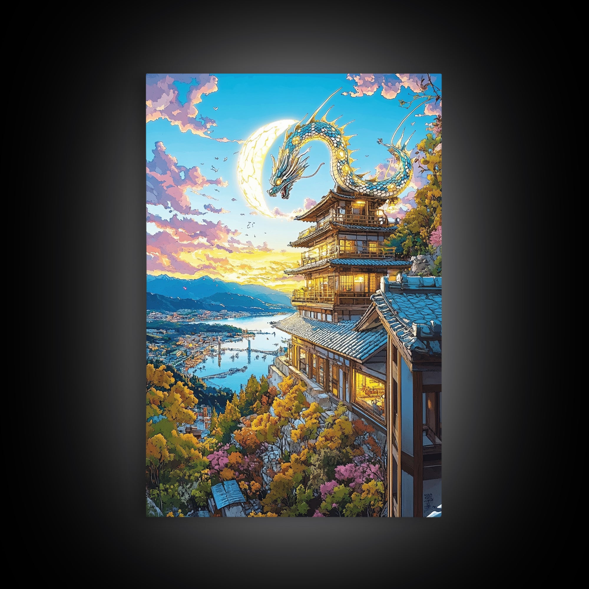 Golden Moon Dragon Temple Framed Canvas Print, Japanese Fantasy Wall Art, Sakura Landscape Decor, Living Room Art Home Decor