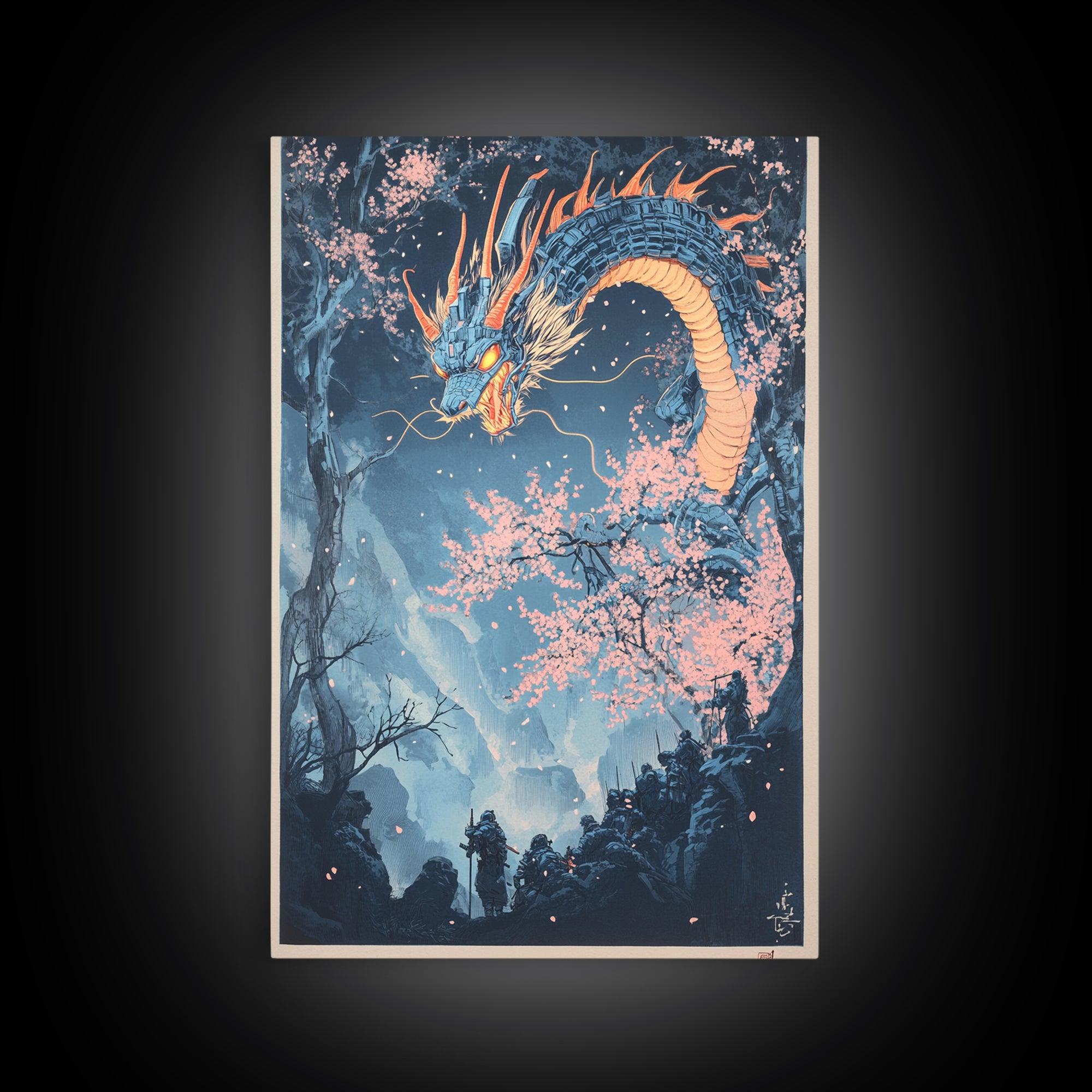 Blue Mountain Dragon Wall Art, Japanese Cherry Blossom Canvas Print, Ukiyo E Fantasy Decor, Asian Inspired Living Room Art Print