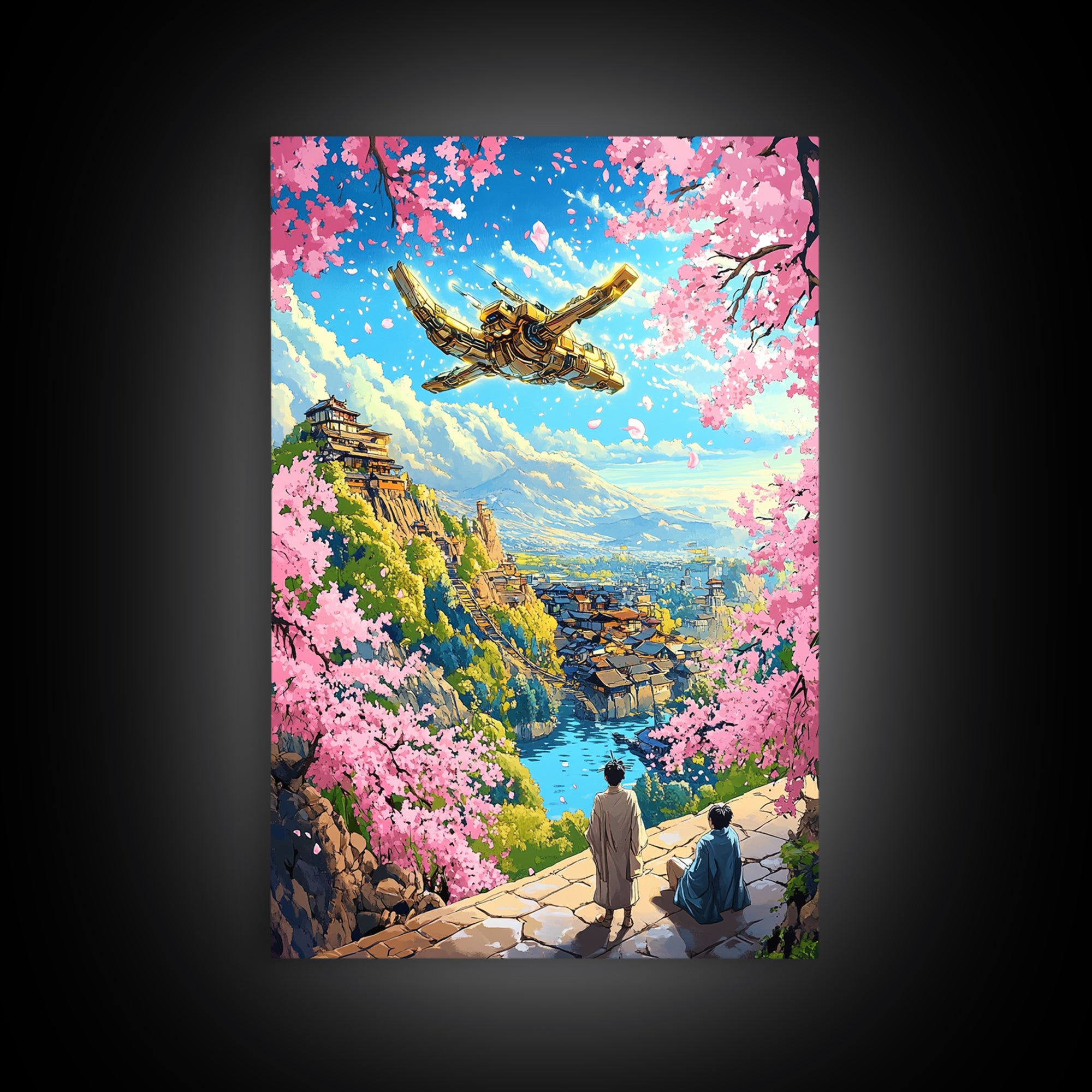 Flying Golden Airship Wall Art, Anime Sakura City Canvas Print, Japanese Fantasy Landscape Decor, Living Room Art Gift For Him