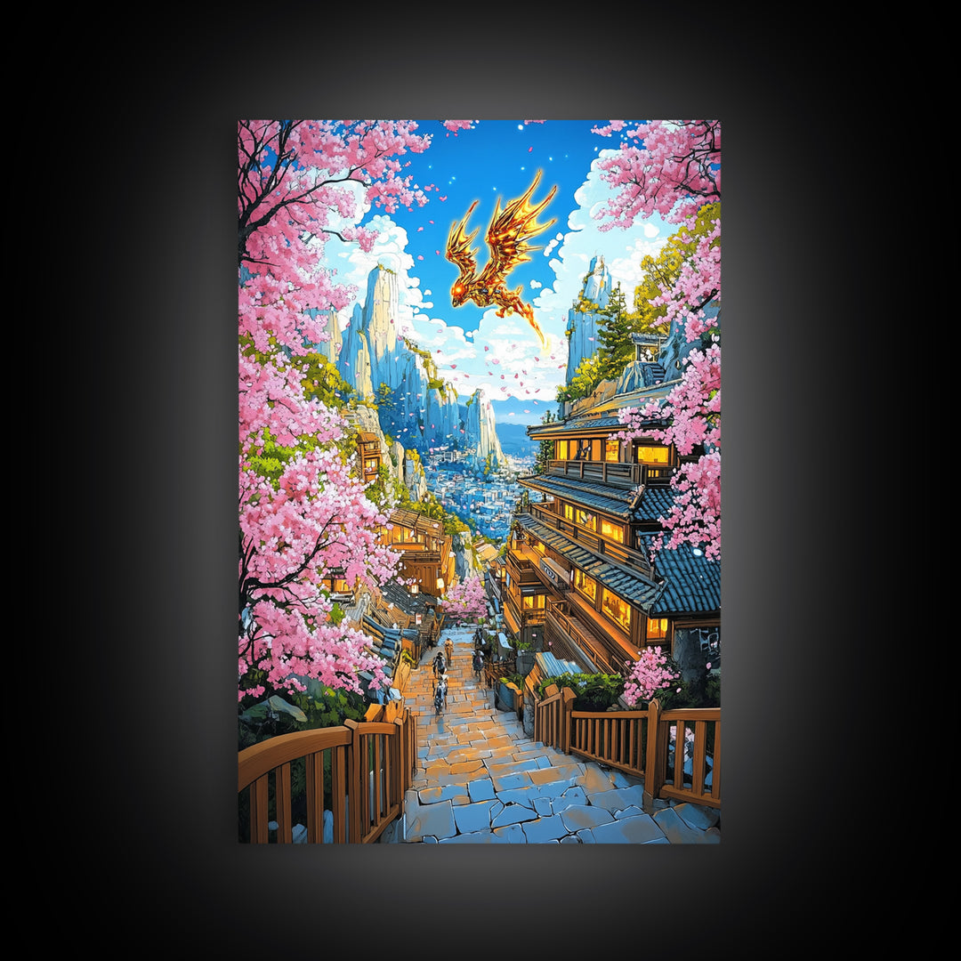 Golden Dragon Mountain Village Wall Art, Japanese Sakura Canvas Print, Anime Fantasy Landscape Decor, Colorful Living Room Art