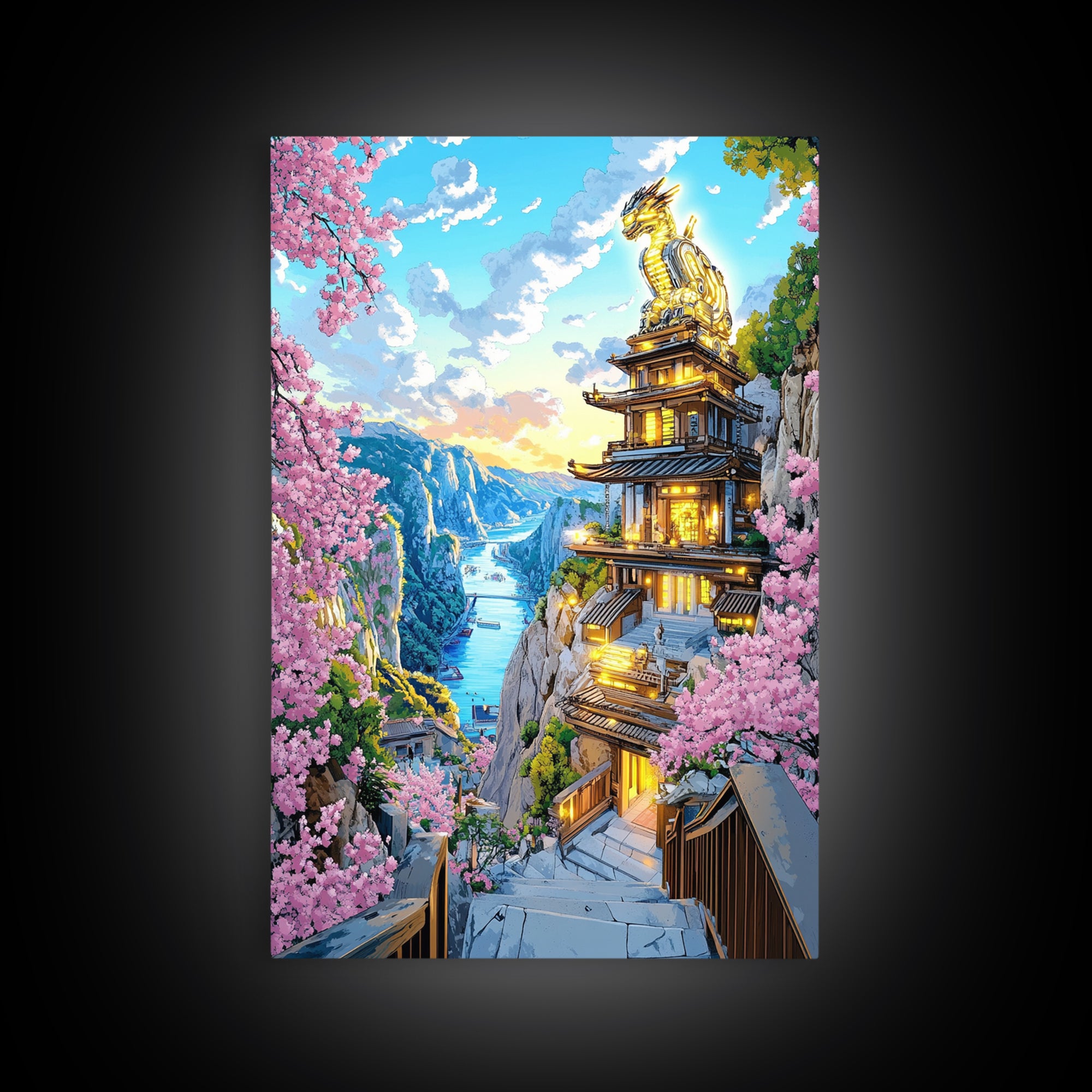 Cliffside Dragon Temple Framed Canvas Print, Sakura Mountain Landscape Wall Art, Japanese Fantasy Decor, Large Living Room Art