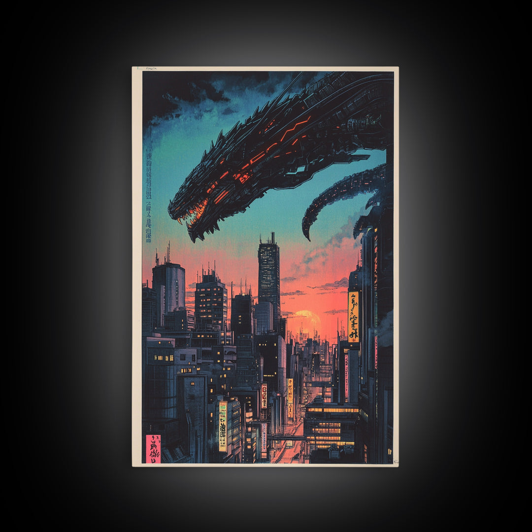 Cyberpunk Dragon City Wall Art, Neon Futuristic Skyline Canvas Print, Japanese Sci Fi Decor, Gaming Room Wall Art Gift For Him