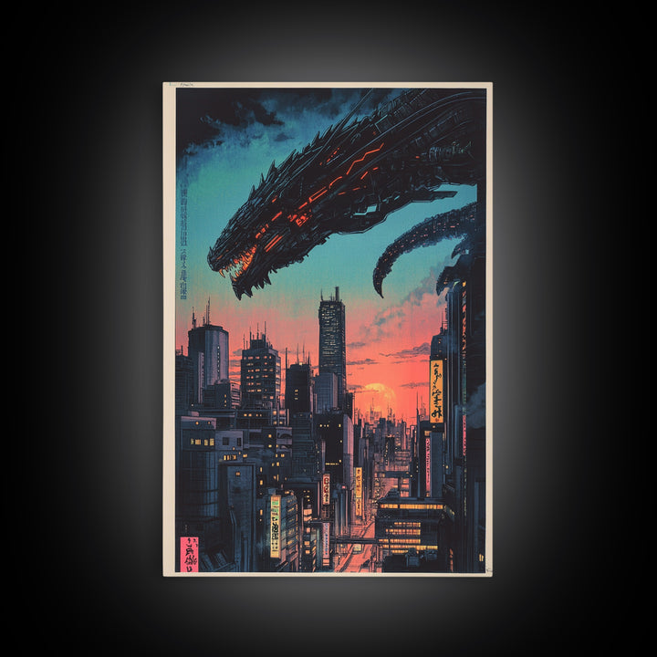Cyberpunk Dragon City Wall Art, Neon Futuristic Skyline Canvas Print, Japanese Sci Fi Decor, Gaming Room Wall Art Gift For Him
