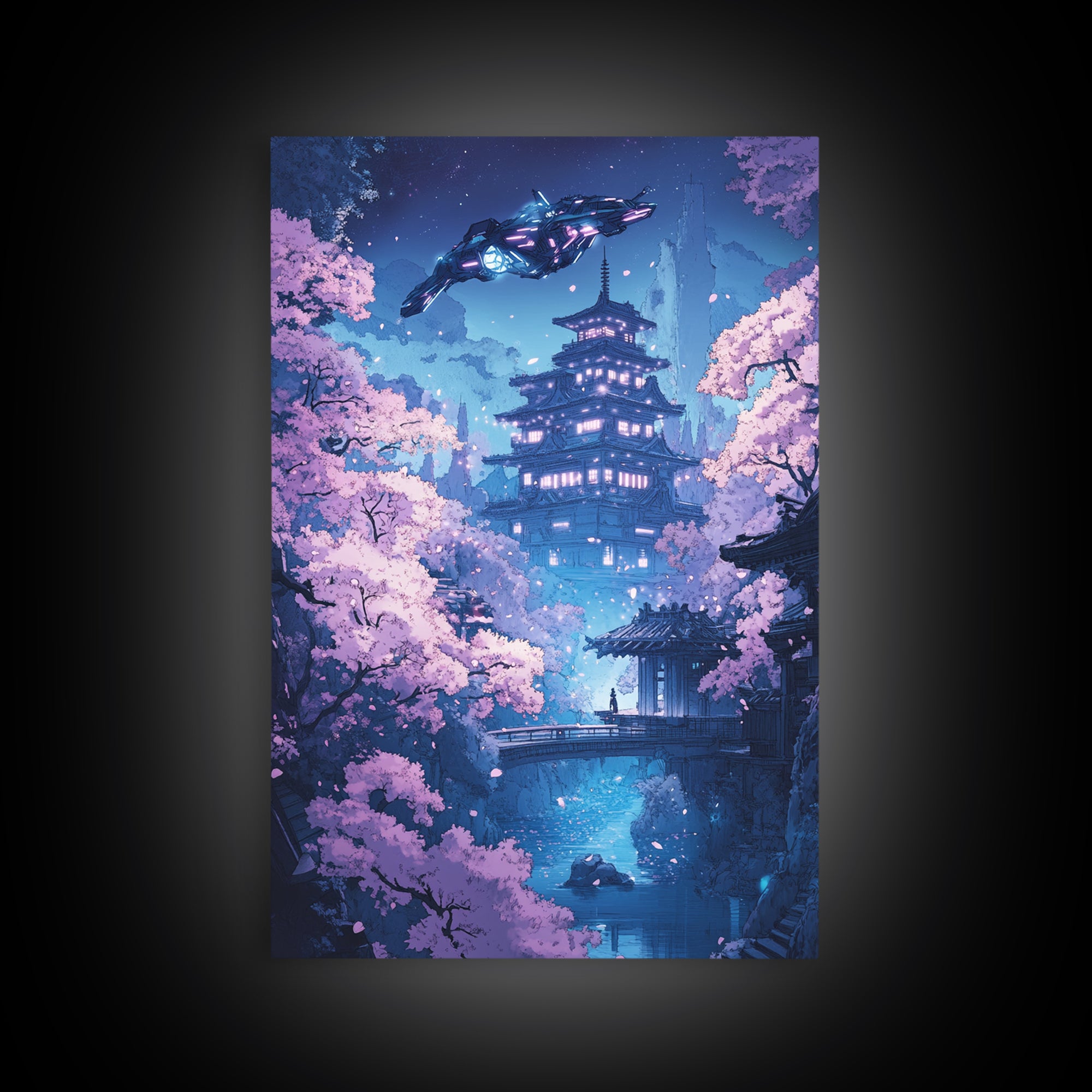 Futuristic Sakura Pagoda Wall Art, Purple Cherry Blossom Canvas Print, Sci Fi Japanese Landscape Decor, Bedroom Wall Art Gift For Her