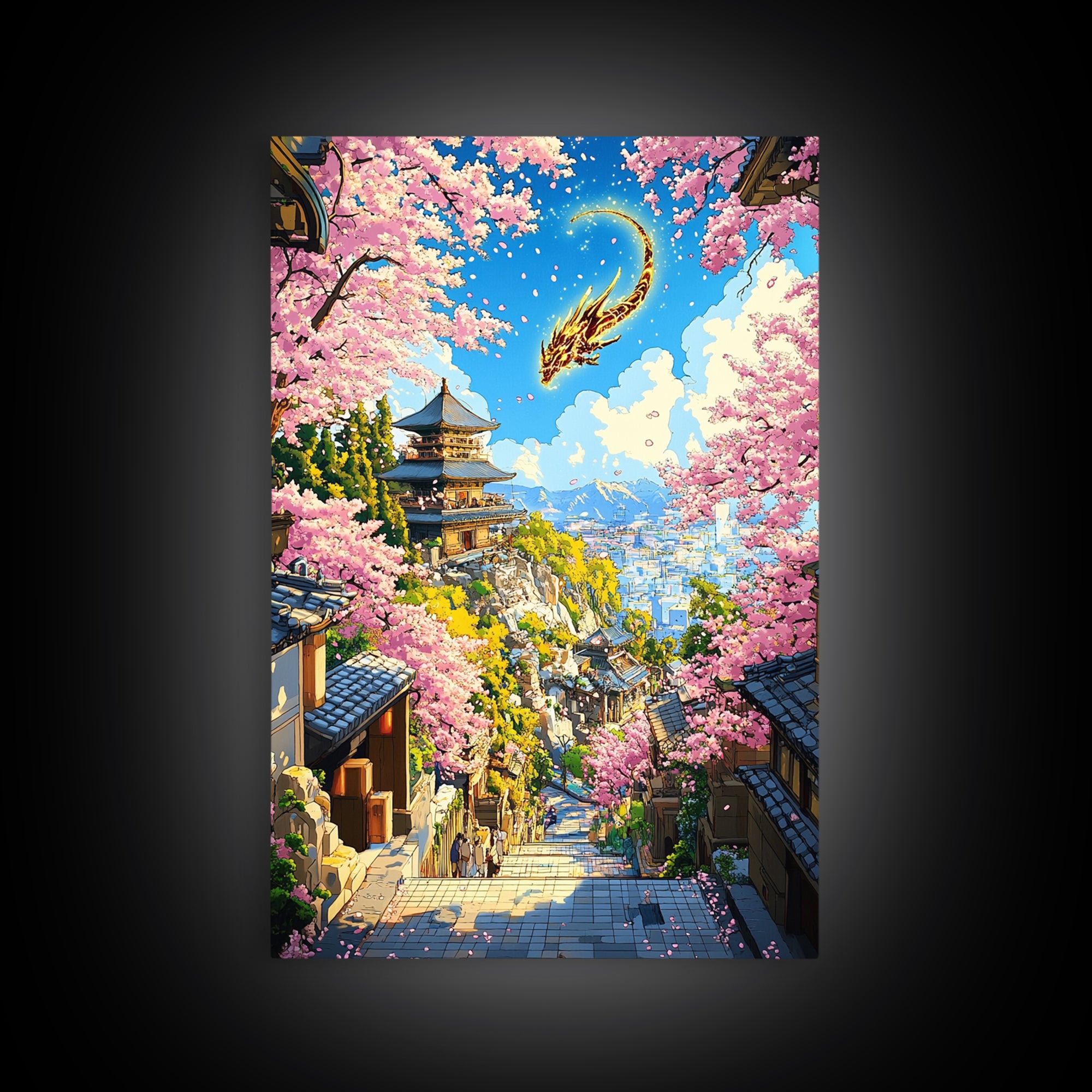 Golden Dragon Over Kyoto Pagoda Wall Art, Japanese Cherry Blossom Fantasy, Anime Landscape, Asian Home Decor, Living Room Art