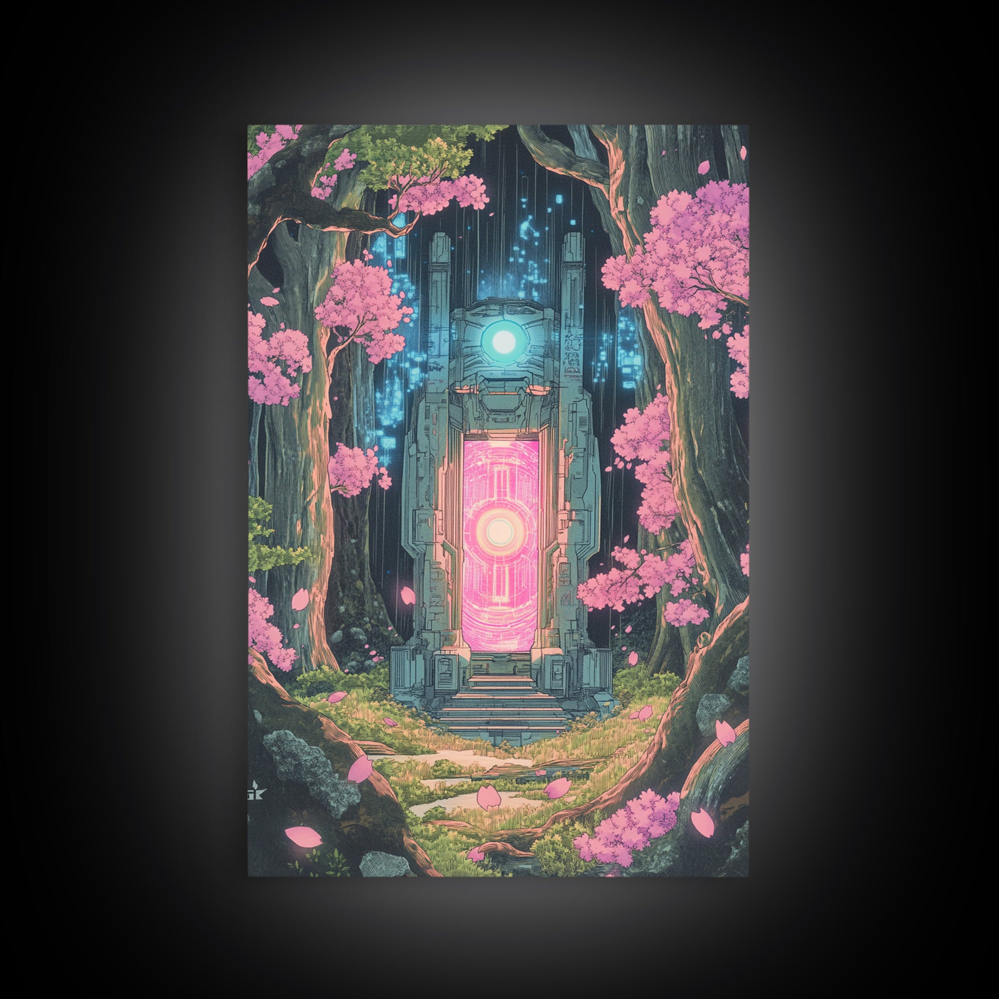 Neon Portal In Cherry Forest Framed Canvas Print, Cyberpunk Fantasy Wall Decor, Sci Fi Art, Modern Japanese Wall Art, Gaming Room Decor