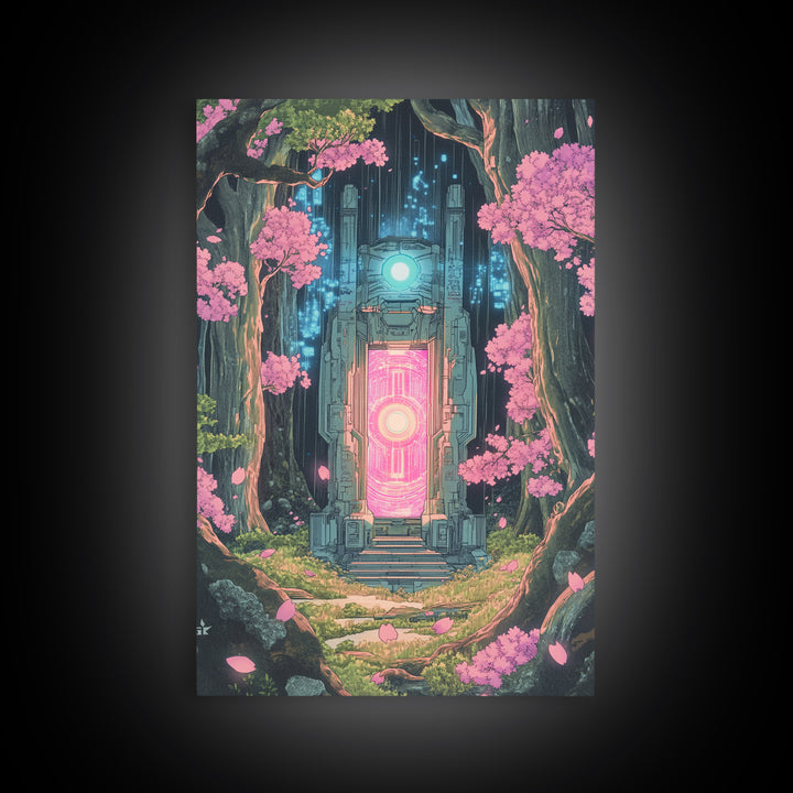 Neon Portal In Cherry Forest Framed Canvas Print, Cyberpunk Fantasy Wall Decor, Sci Fi Art, Modern Japanese Wall Art, Gaming Room Decor