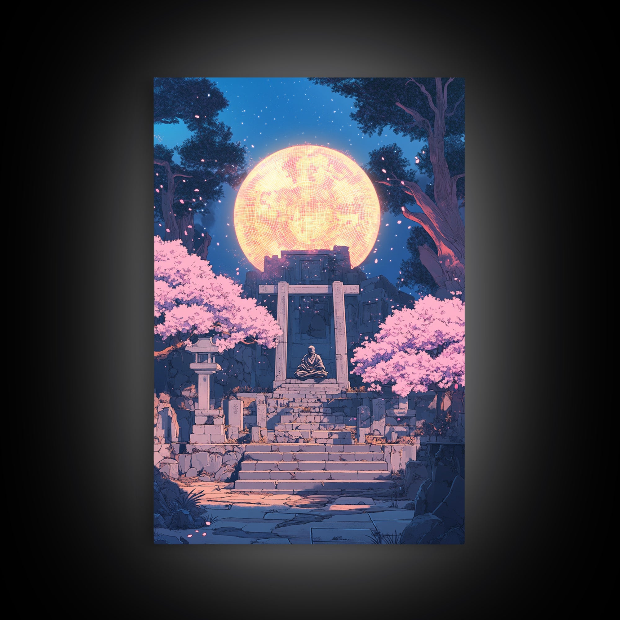 Glowing Moon Shrine With Meditating Monk Canvas Print, Japanese Wall Art, Cherry Blossom Decor, Zen Fantasy Living Room Art
